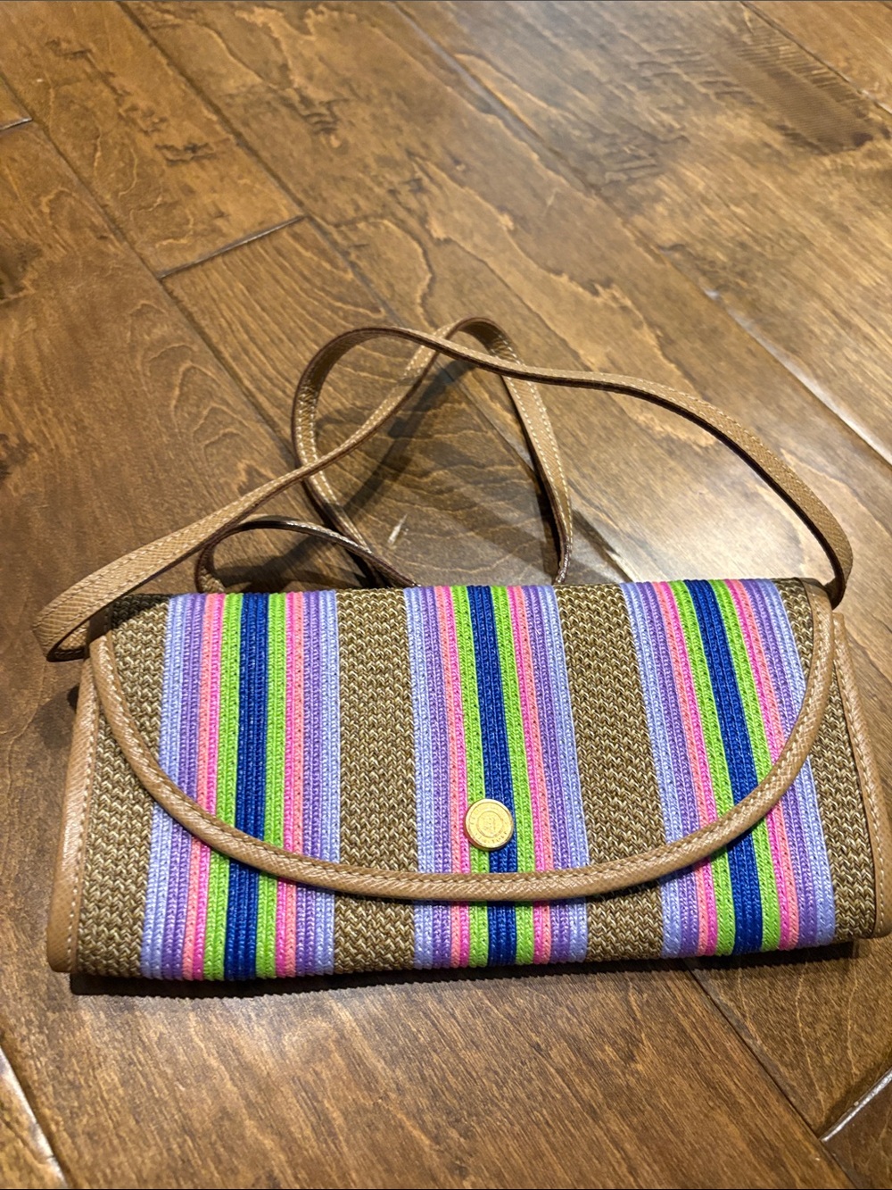 EricJavits Striped Woven Crossbody Clutch in Pink, Green & Blue